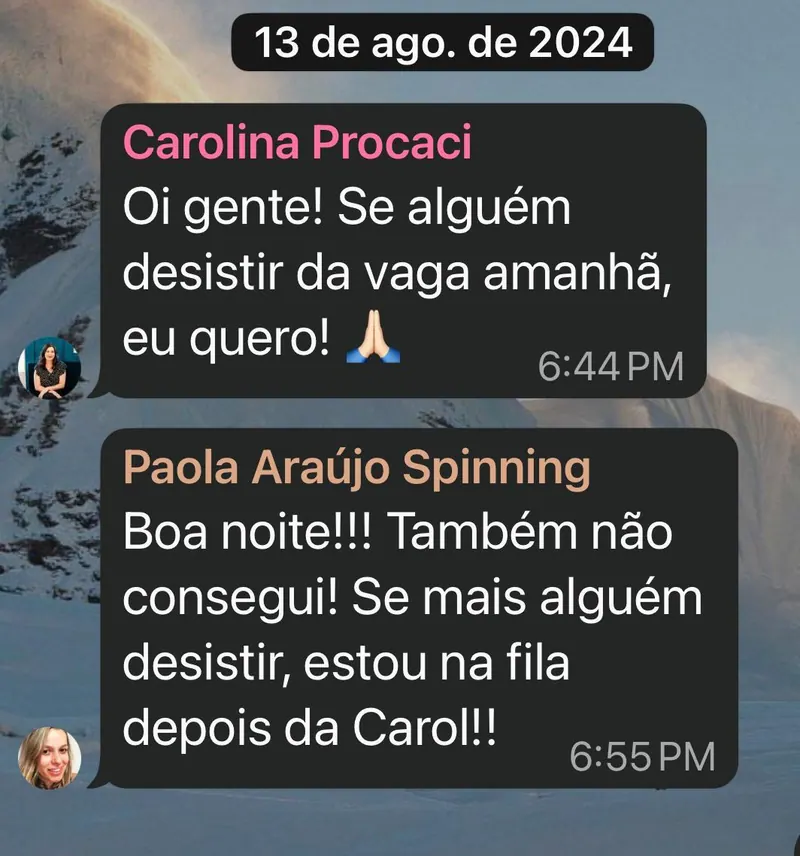 Print real do WhatsApp de Carolina Procaci e Paola Araújo pedindo vaga na aula de Victor.