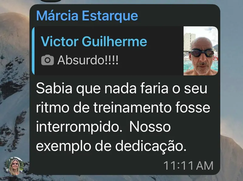 Print real do WhatsApp de Márcia Estarque reconhecendo a dedicação de Victor com seus treinos.