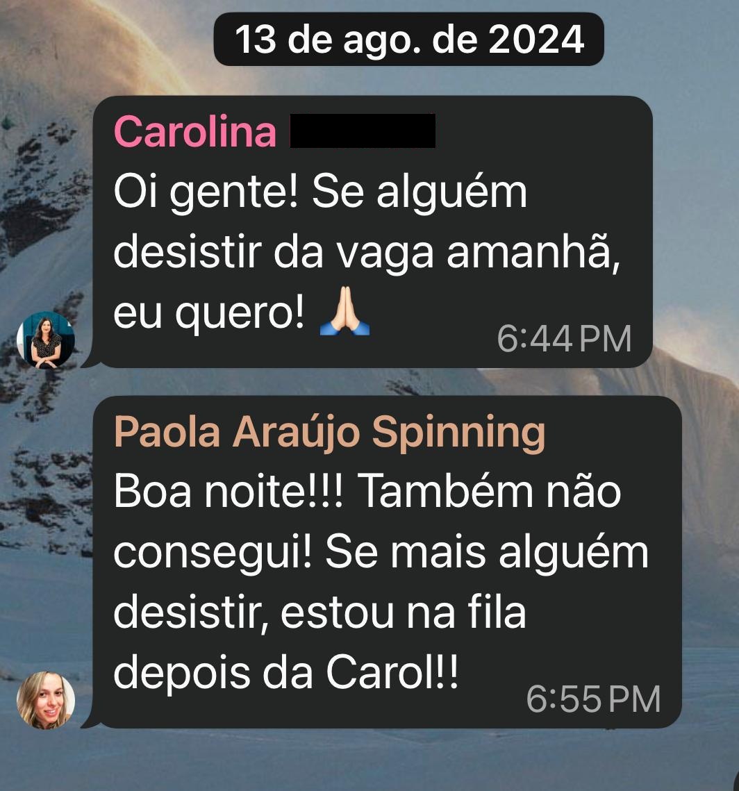 Print real do WhatsApp de Carolina Procaci e Paola Araújo pedindo vaga na aula de Victor.